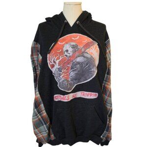 Upcycled Halloween Jason Voorhees graphic Hoodie with Plaid Sleeves size XL